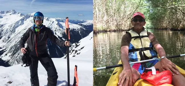 Jonas Gejer exploring high mountains to the left, and Frédéric Martin canoeing to the right. 